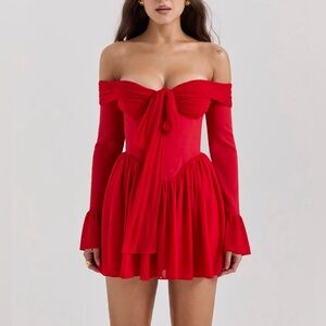 HOUSE OF CB DRESS: scarlet off shoulder dress (Red)